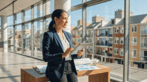 Businesswoman with tablet in bright office overlooking cityscape.