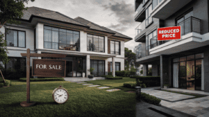 Contemporary residential properties with 'For Sale' sign and 'Reduced Price' banner.