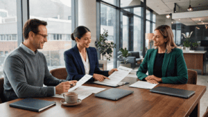 Business professionals discussing legal matters at a modern office table.