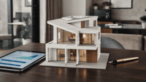 Architectural model of a contemporary house with large windows and multiple levels.