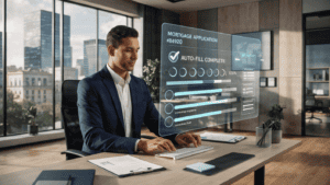 Man using futuristic digital interface for mortgage application.