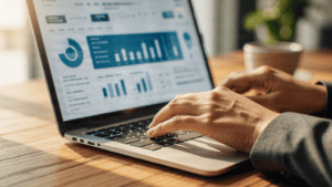 Person analysing financial graphs on a laptop for business insights.