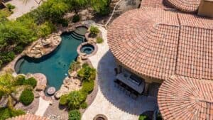 Luxury home backyard and patio from above