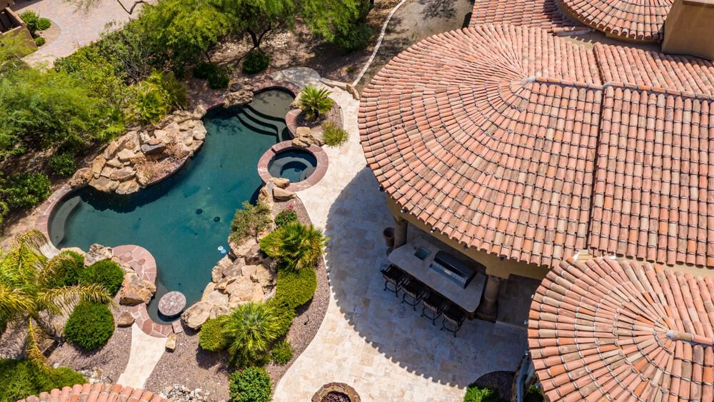 Luxury home backyard and patio from above