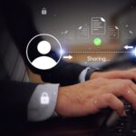 Successful online file sharing between two users concept background with glowing shapes, transfering and sharing data backdrop