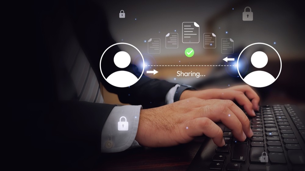 Successful online file sharing between two users concept background with glowing shapes, transfering and sharing data backdrop