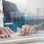 Real estate agent using digital property listing interface for selling houses, analyzing market data, and managing housing investment opportunities in a smart real estate business.