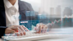 Real estate agent using digital property listing interface for selling houses, analyzing market data, and managing housing investment opportunities in a smart real estate business.