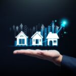 Real estate growth concept. Hand holds house icons and rising curve, symbolizing property investment, market expansion, and realestate development.
