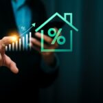 Businessman pointing at rising bar chart with glowing percentage symbol and house icon, representing increasing mortgage rates, home loan growth, interest rate trends, real estate investment finance