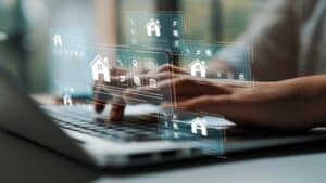 Person using smart home tech for mortgage management with digital icons.