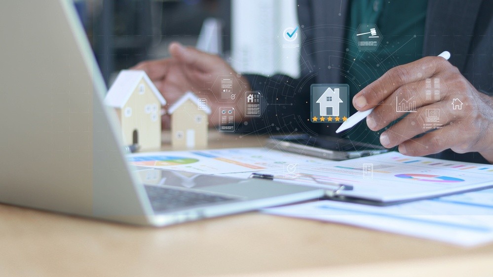 Real estate agent analyzing property investment with digital dashboard, home rating and financial data. Property valuation, housing market analysis and real estate management concept.