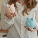 Woman in white shirt holds pink and blue piggy banks in open hands inside building, comparing savings options; savings choice hopeful.
