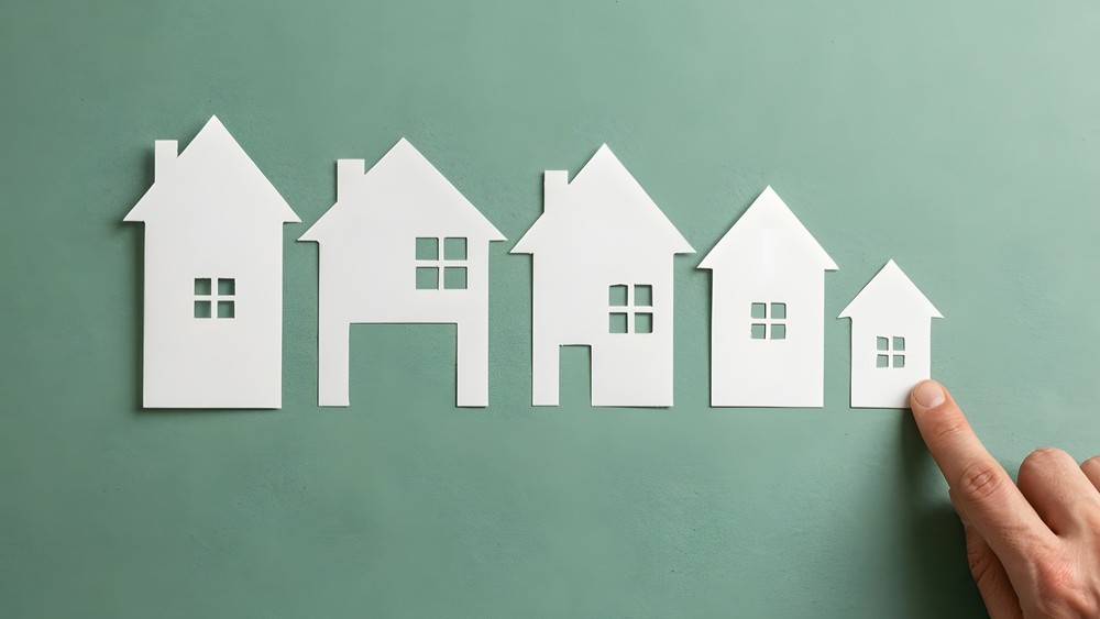 A human hand points to a small paper house cutout in a row of varying home sizes on a green background